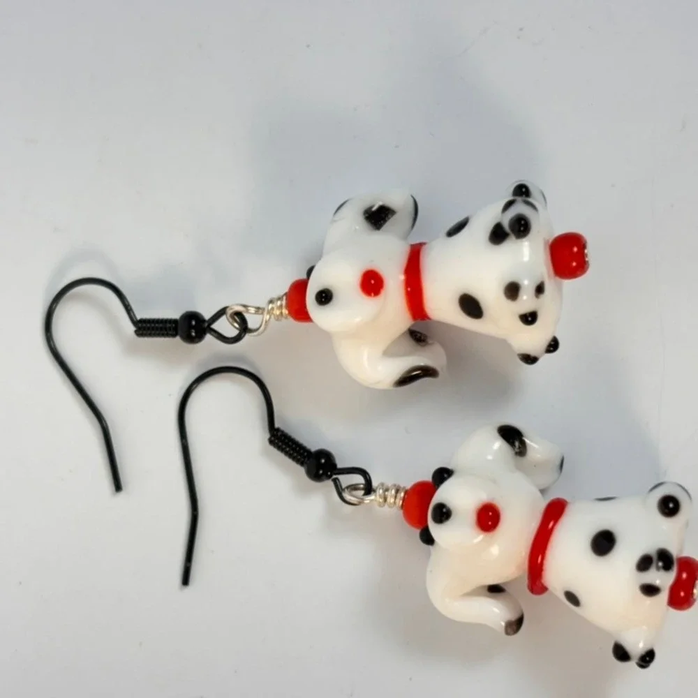 Handmade Dalmatian Dog Earrings White Art Glass Lampwork Whimsygoth Boho Chic